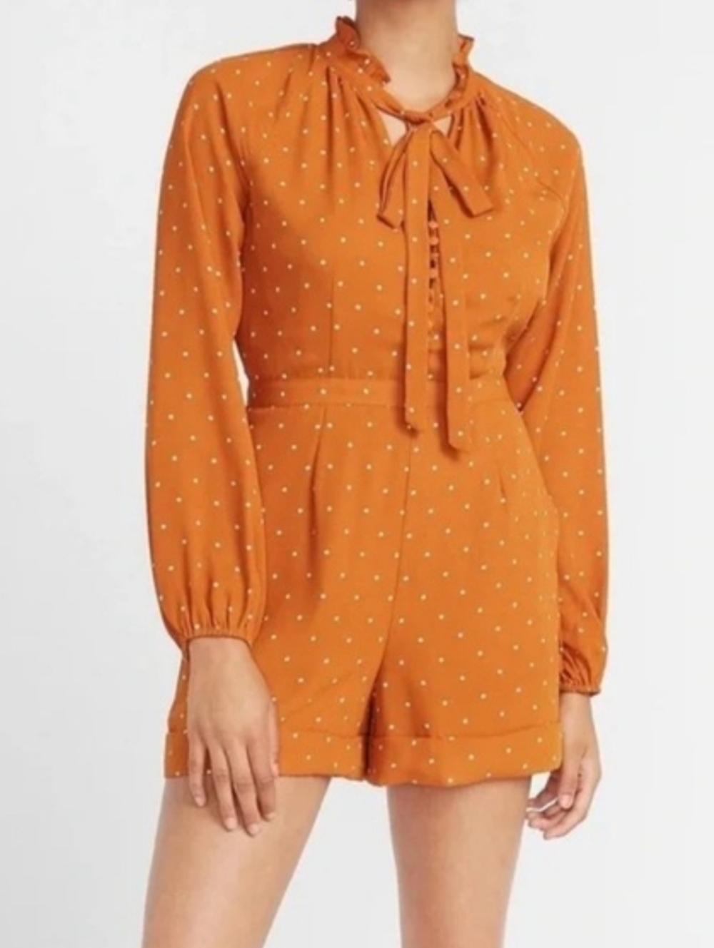 Express Polka Dot Tie-Neck Long Sleeve Romper in Orange Rust Size 12